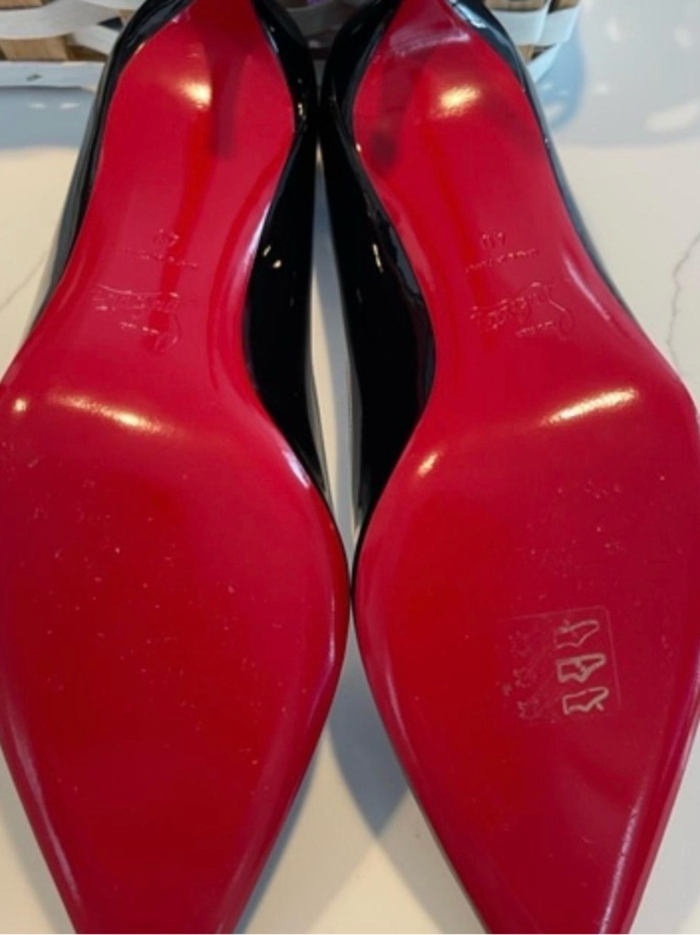 Black Patent Pointed-Toe Heels with Red Soles